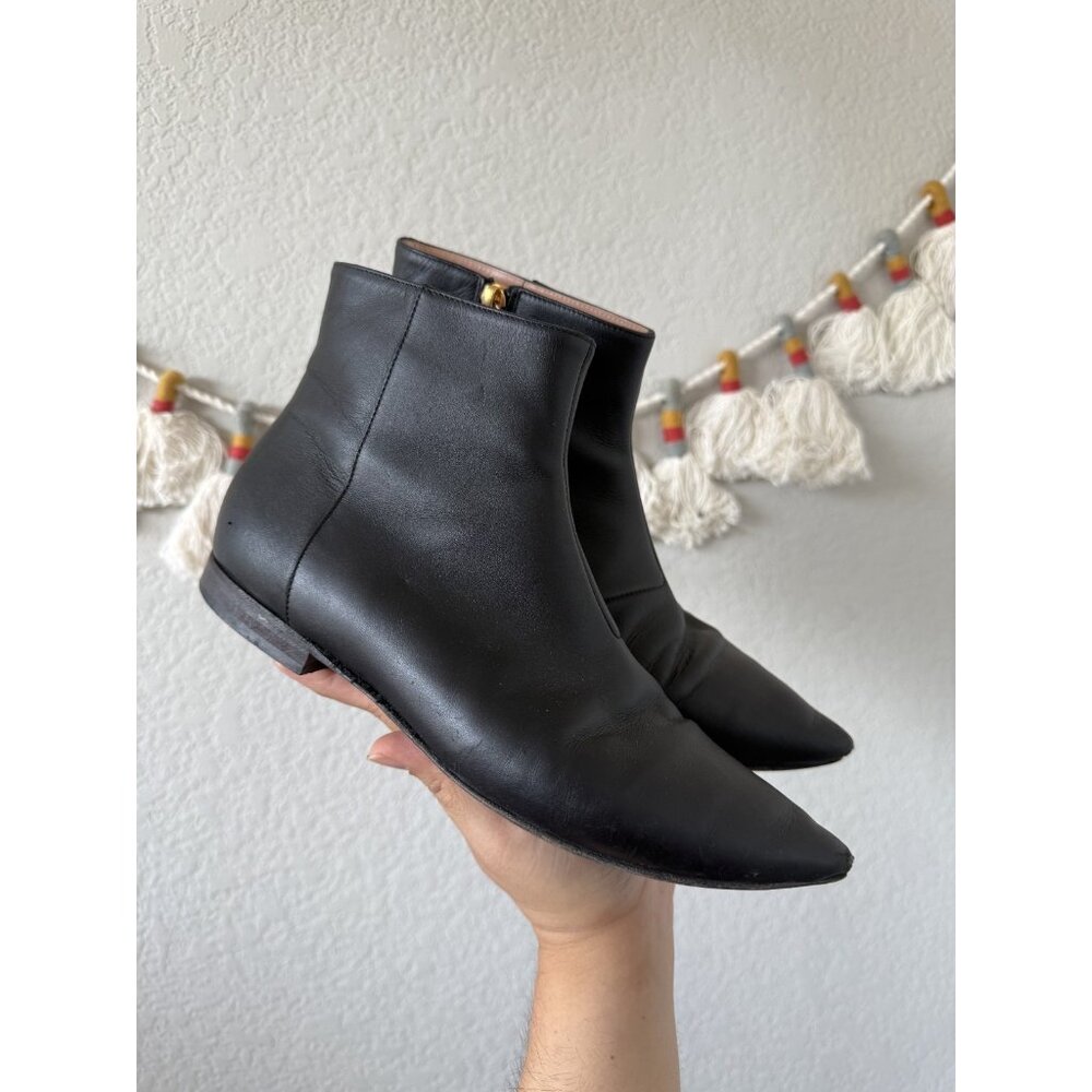 Moschino Black Leather Pointed Ankle Booties with Gold Zip Detail